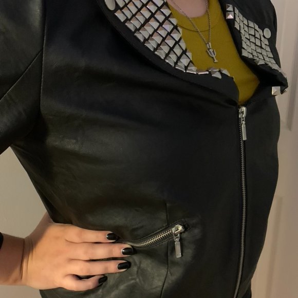 Rocker Black Leather Jacket With Metal Pins - Picture 2 of 2